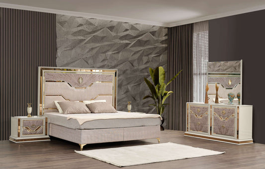 Omari Modern Style 4 Pc Queen Upholstered Bedroom Set Made with Wood and Gold Accents in Beige