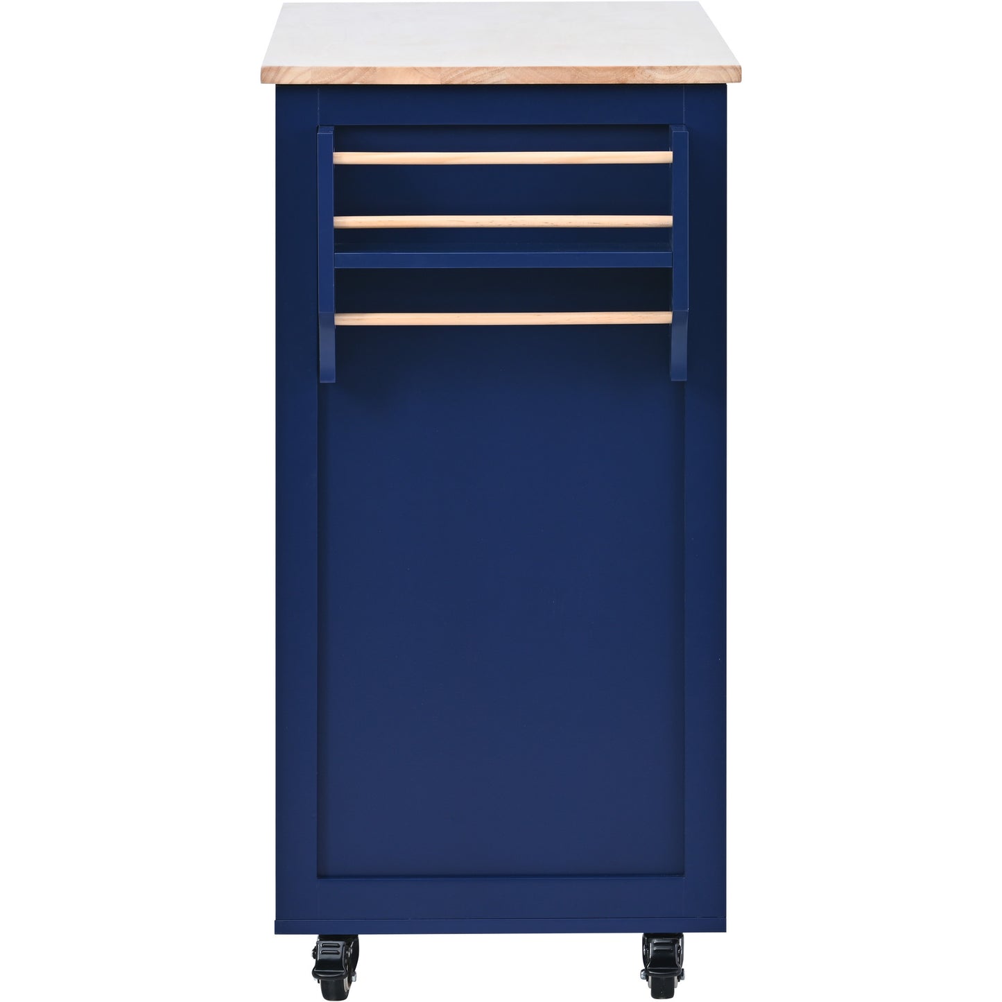 K&K Store Kitchen Cart with Rubber Wood Countertop , Kitchen Island has 8 Handle-Free Drawers Including a Flatware Organizer and 5 Wheels for Kitchen Dinning Room, Dark Blue