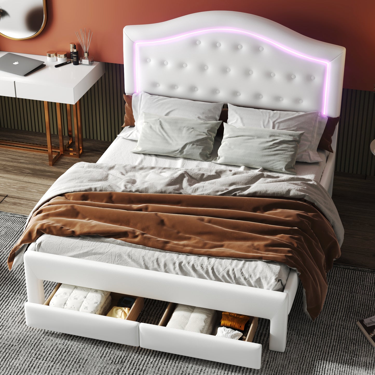 Queen Size Upholstered Platform Bed with Tufted Headboard, LED and 2 Drawers, White