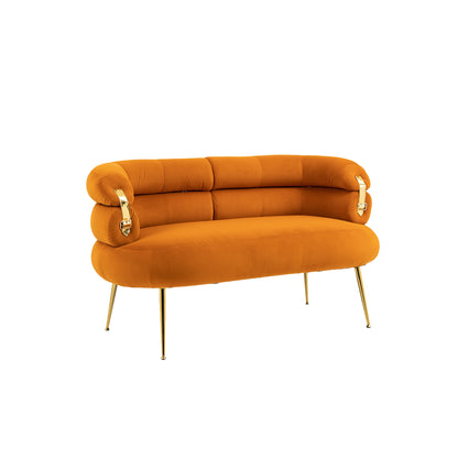 COOLMORE Small Loveseat Sofa, Upholstered Mini Couch with Curved Backrest with Stylish Golden Decor, Small Comfy Love Seat Leisure Accent Couch for Living Room, Bedroom, Office (Orange)