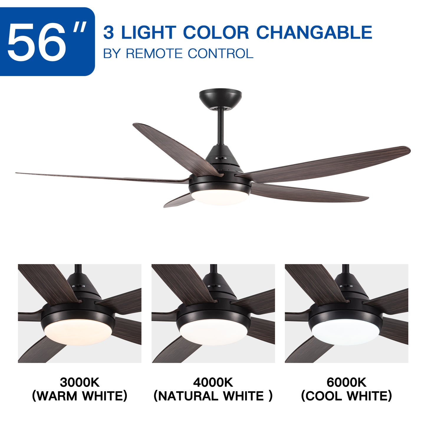 56 In Intergrated LED Ceiling Fan Lighting with Brown Wood Grain ABS Blade