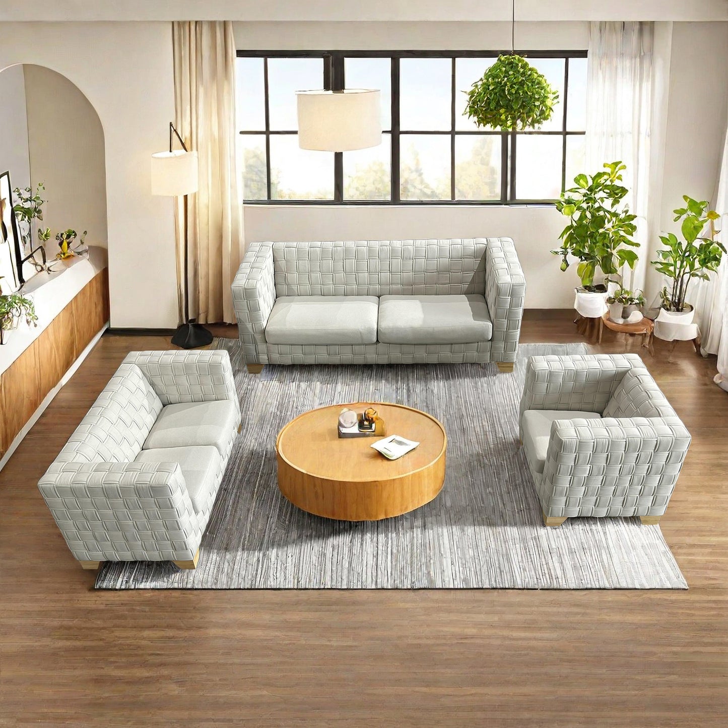 FX-D1 SOFA SET Include Chair Loveseat And Sofa Light Beige ColorLinen & Oak Natural Wood color sofa legs