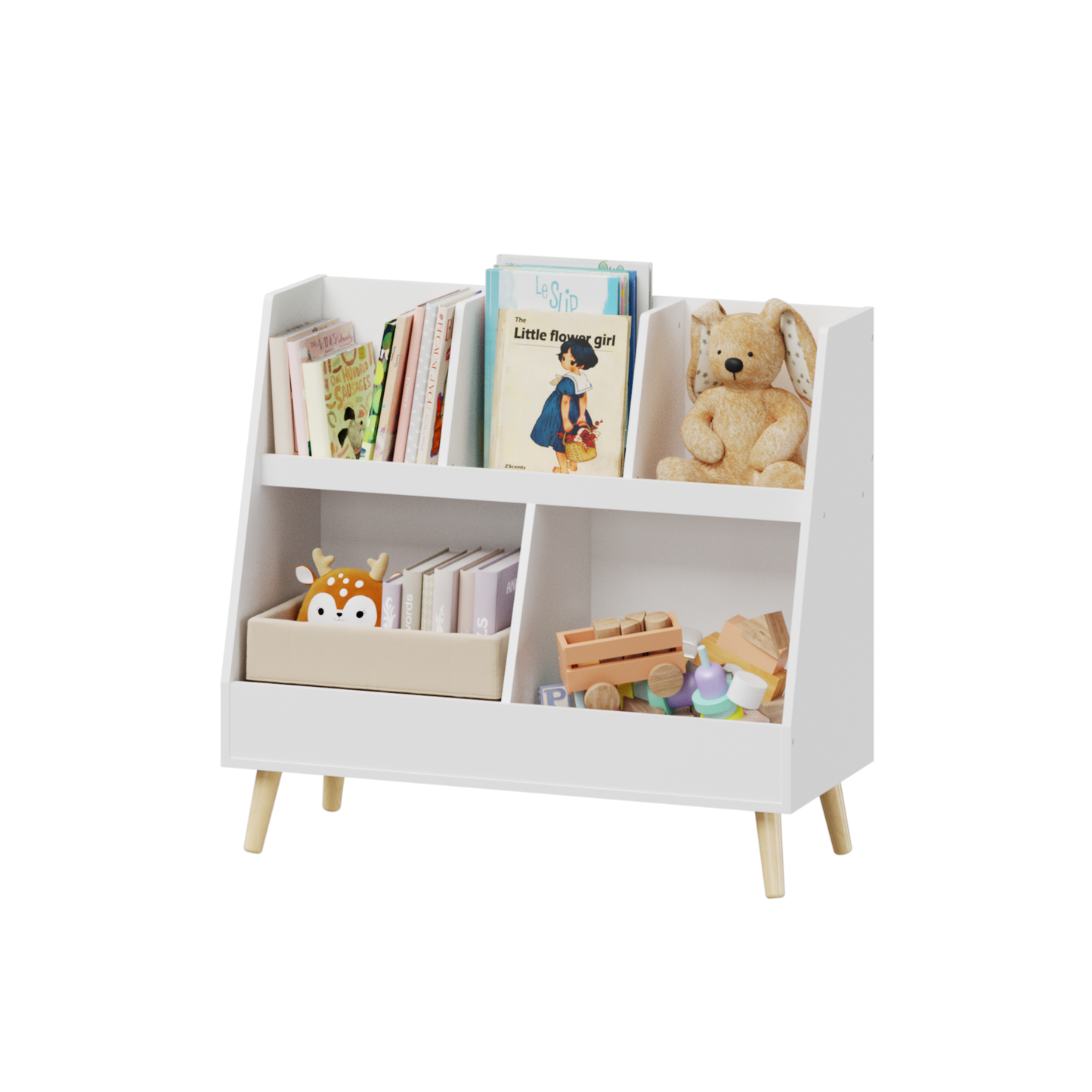 Kids Bookshelf and Toy Organizer, 5 Cubbies Wooden Open Bookcase, 2-Tier Baby Storage Display Organizer with Legs, Free Standing for Playing Room, Bedroom, Nursery, Classroom, White