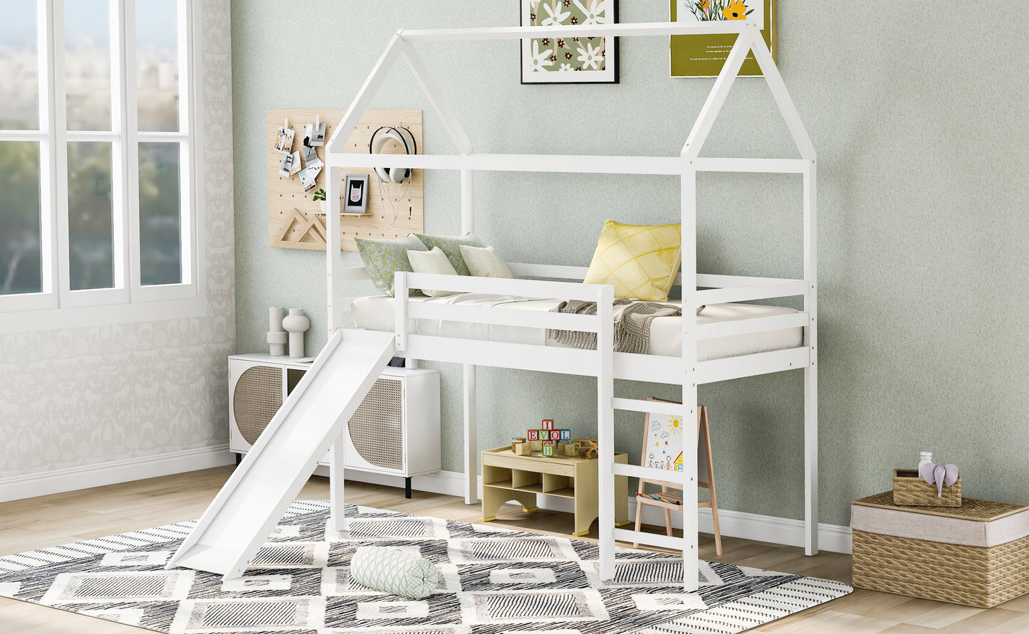 Twin Loft Bed with Slide, House Bed with Slide,White(OLD SKU :WF286245AAK)