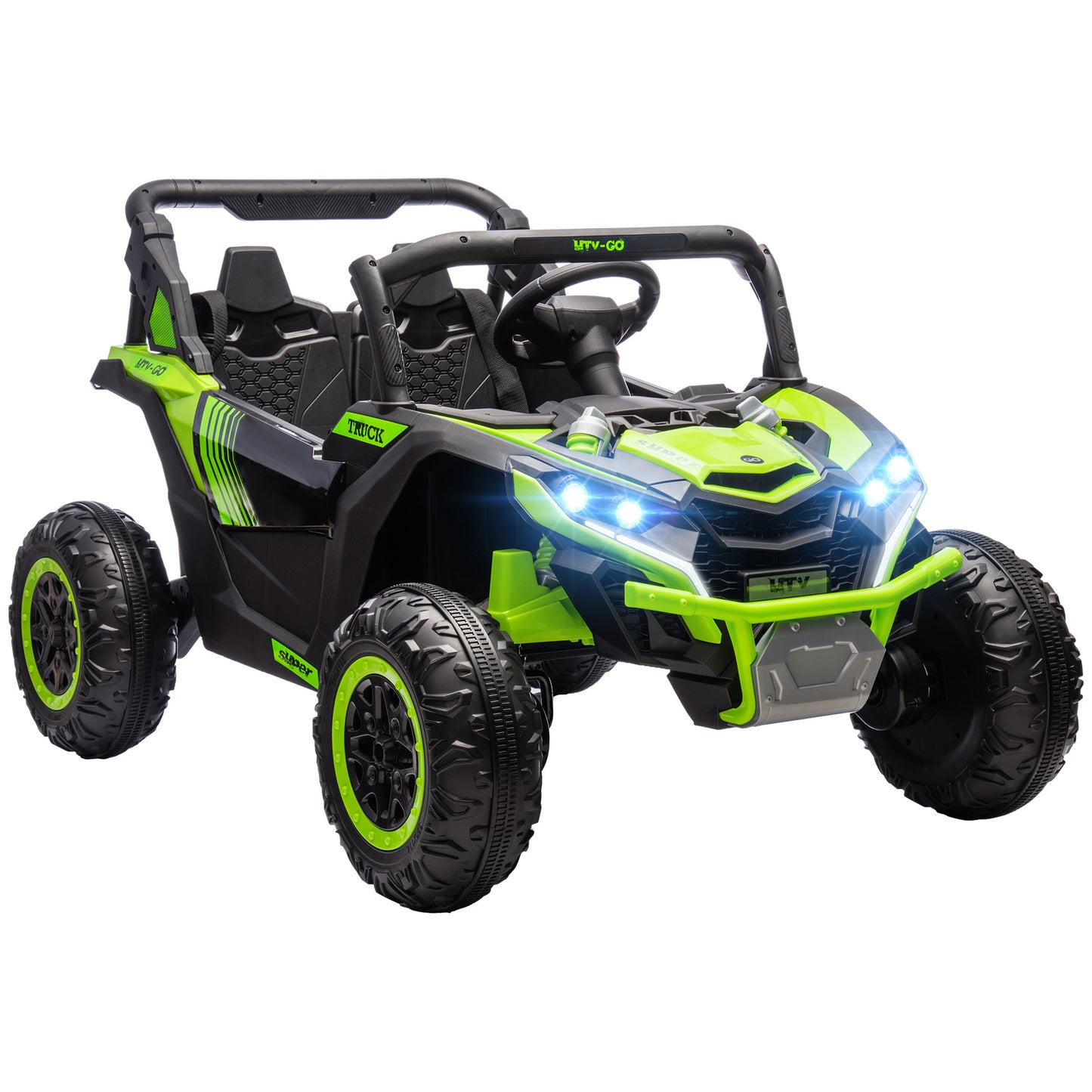 Qaba 24V 7AH Ride on UTV, 2 Seater 4MPH Kids Electric Car Ride on Battery Powered Toy with 4 Shock Absorbers, Music Horn and LED Lights, for Toddlers 3-8 Years, Green