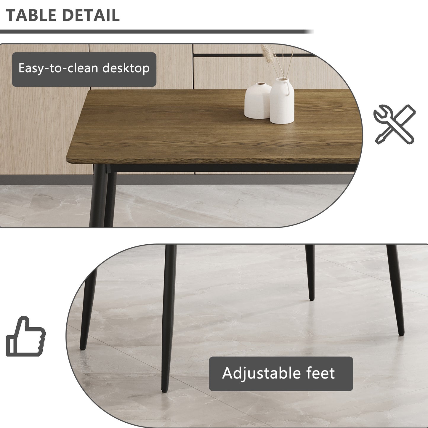 Modern minimalist wood grain tabletop dining table, stylish dining table, kitchen dining table, sturdy and durable, easy to assemble, black metal leg design, suitable for 4-6 people, suitable for home