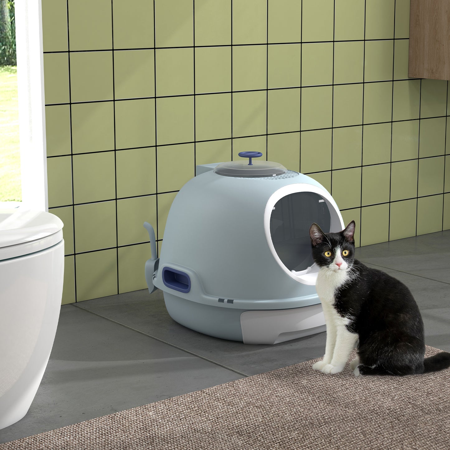 PawHut Covered Litter Box, Litter Box with a Lid, Scoop Enclosed Drawer & Skylight for Cats That's Easy to Clean, Blue