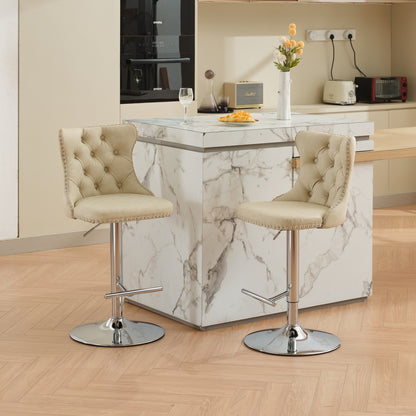 Swivel PU leather Barstools Adjusatble Seat Height from 25-33 Inch, Chrome base Bar Stools with Backs Comfortable Tufted for Home Pub and Kitchen Island, Beige,Set of 2,1512BG