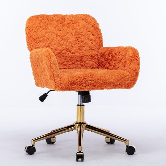 A&A Furniture Office Chair, Artificial Rabbit Hair with Golden Metal Base, Adjustable Swivel Desk Chair, Orange