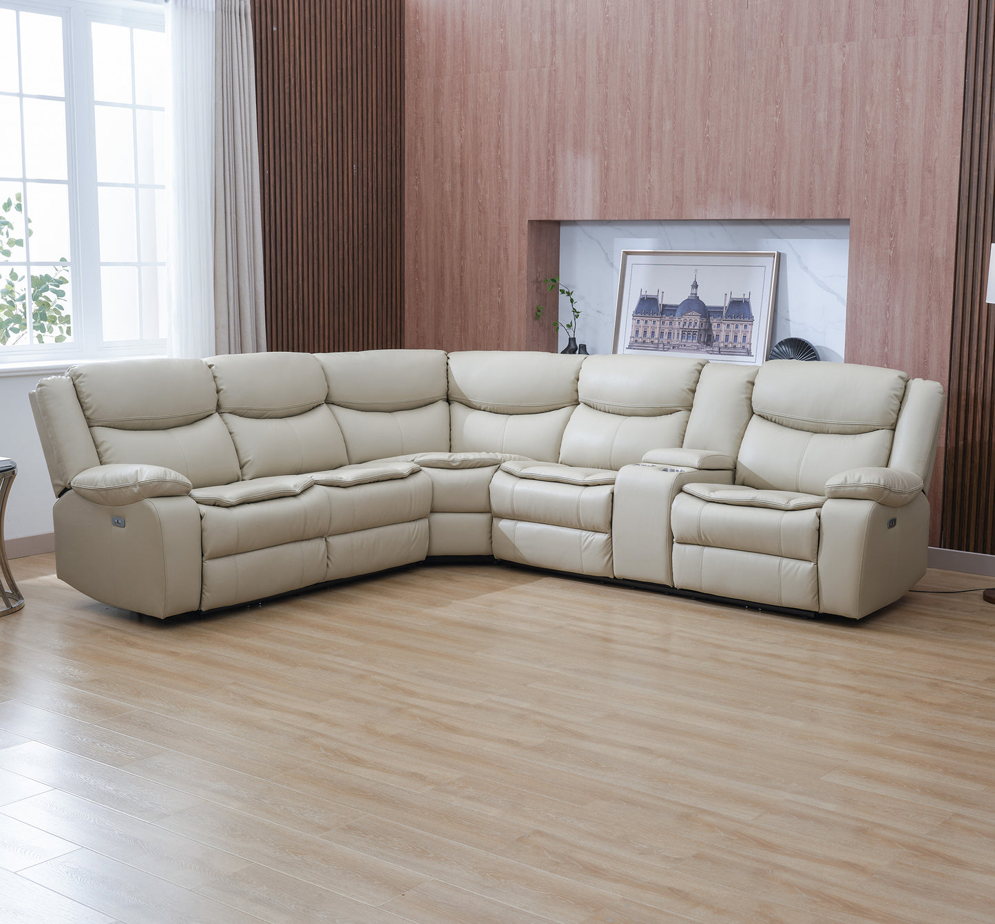 L Shape Breath Leather Power Reclining Sectional Sofa Set with USB Port, Cream