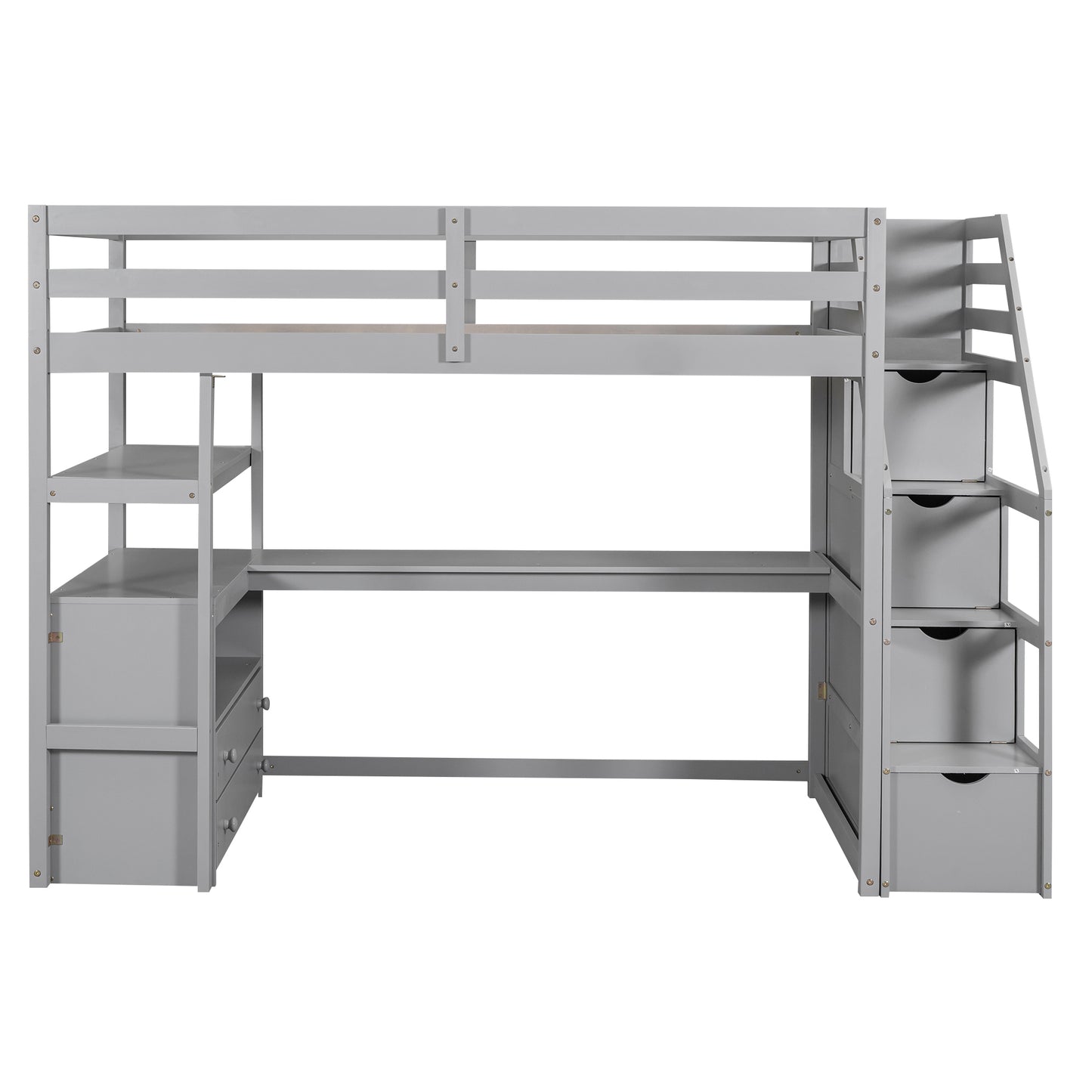 Gray Twin Size Loft Bed with Desk, Shelves, Two Drawers, Storage Staircase, Solid Pine Wood