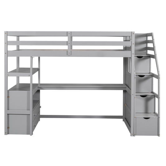 Gray Twin Size Loft Bed with Desk, Shelves, Two Drawers, Storage Staircase, Solid Pine Wood
