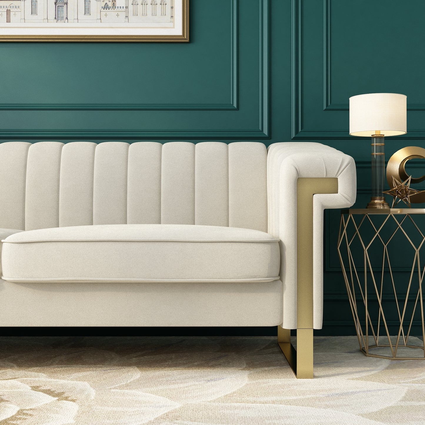 FX-P81-CW2  SOFA  Modern Cream Velvet Sofa with Gold Accents - Sleek Channel-Tufted Upholstery, 3-Seat Couch for Living Room and Office Decor(TEMU Suitable)