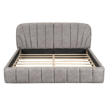 Queen Size Upholstered Platform Bed with Thick Fabric, Polyester, Gray