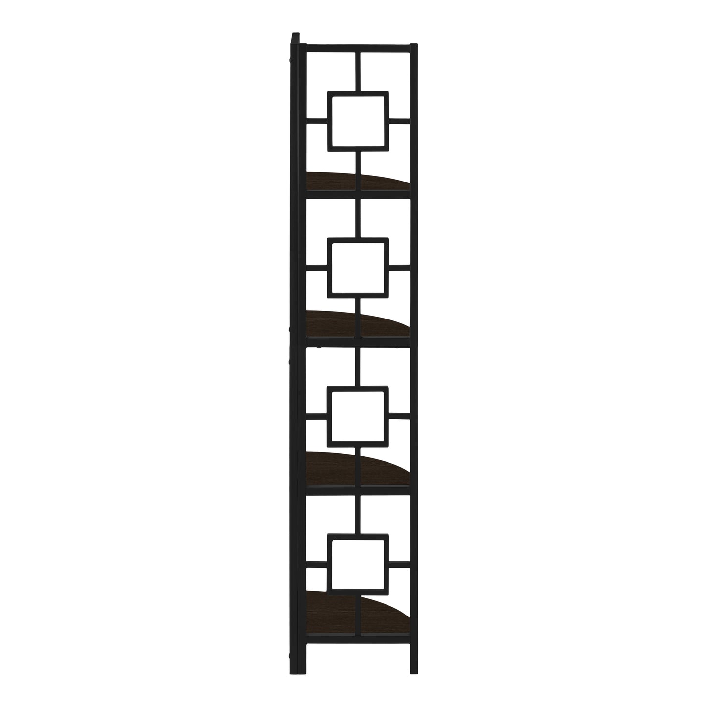 Bookshelf, Bookcase, Etagere, Corner, 4 Tier, 62"h, Office, Bedroom, Brown Laminate, Black Metal, Contemporary, Modern