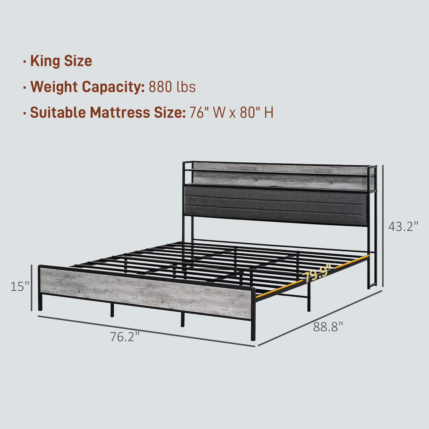 HOMCOM King Size Bed Frame with Storage Headboard, Upholstered Platform Bed Frame with LED Lights, Charging Station, Steel Slats, Noise-Free & Easy Assembly, No Box Spring Needed, Cement Gray