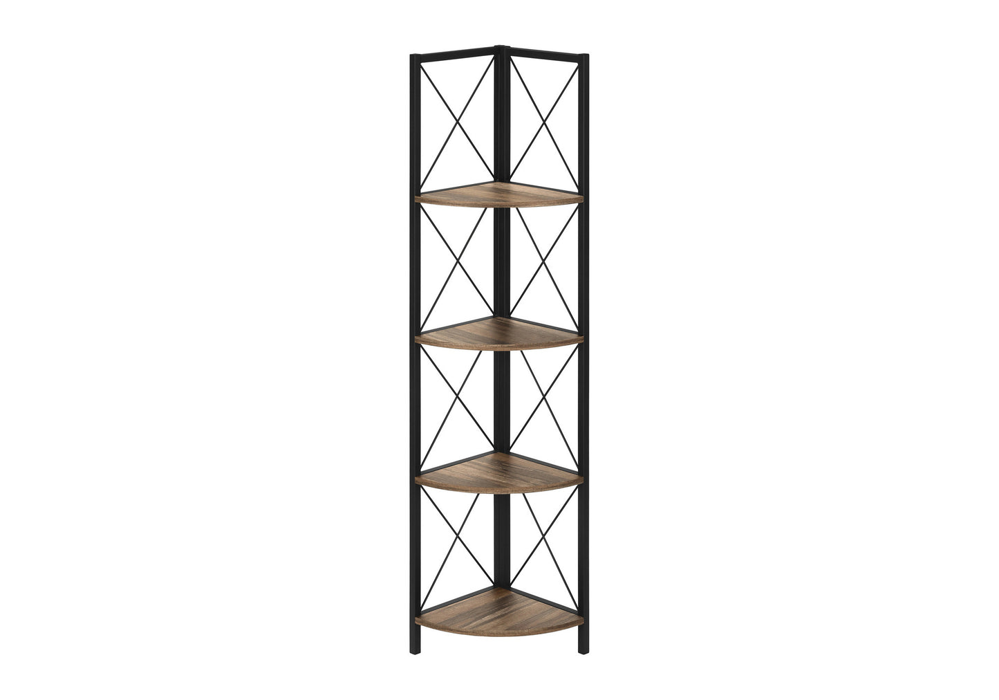 Bookshelf, Bookcase, Etagere, Corner, 4 Tier, 60"h, Office, Bedroom, Brown Laminate, Black Metal, Contemporary, Modern