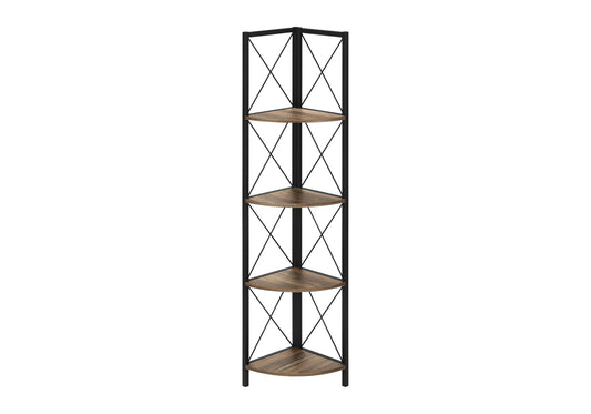 Bookshelf, Bookcase, Etagere, Corner, 4 Tier, 60"h, Office, Bedroom, Brown Laminate, Black Metal, Contemporary, Modern