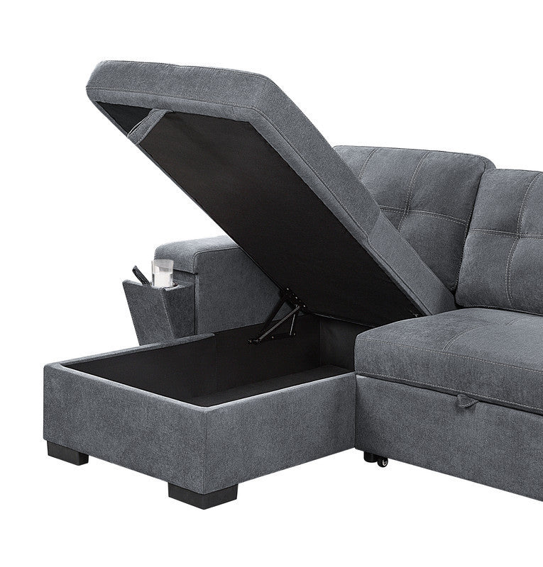 Toby 95" Gray Woven Fabric Reversible Sleeper Sectional Sofa with Storage Chaise Cup Holder Charging Ports and Pockets