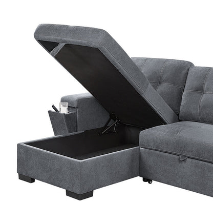 Toby 95" Gray Woven Fabric Reversible Sleeper Sectional Sofa with Storage Chaise Cup Holder Charging Ports and Pockets