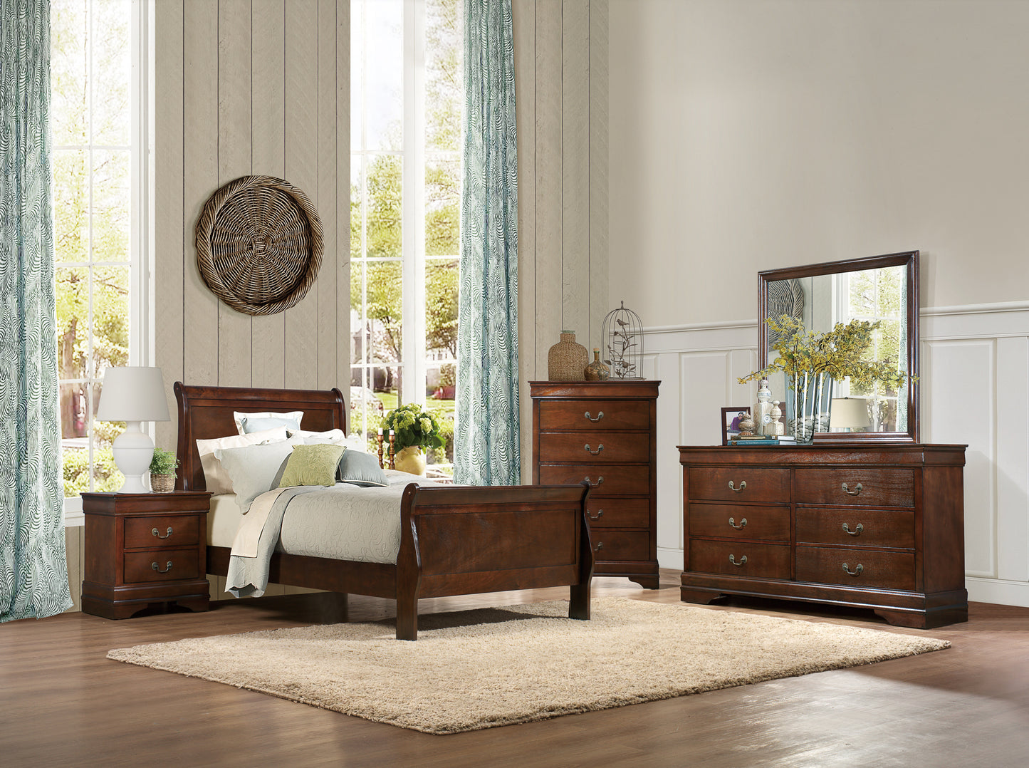 Classic Louis Philipe Style Twin Size Bed Brown Cherry Finish 1pc Traditional Design Bedroom Furniture Sleigh Bed