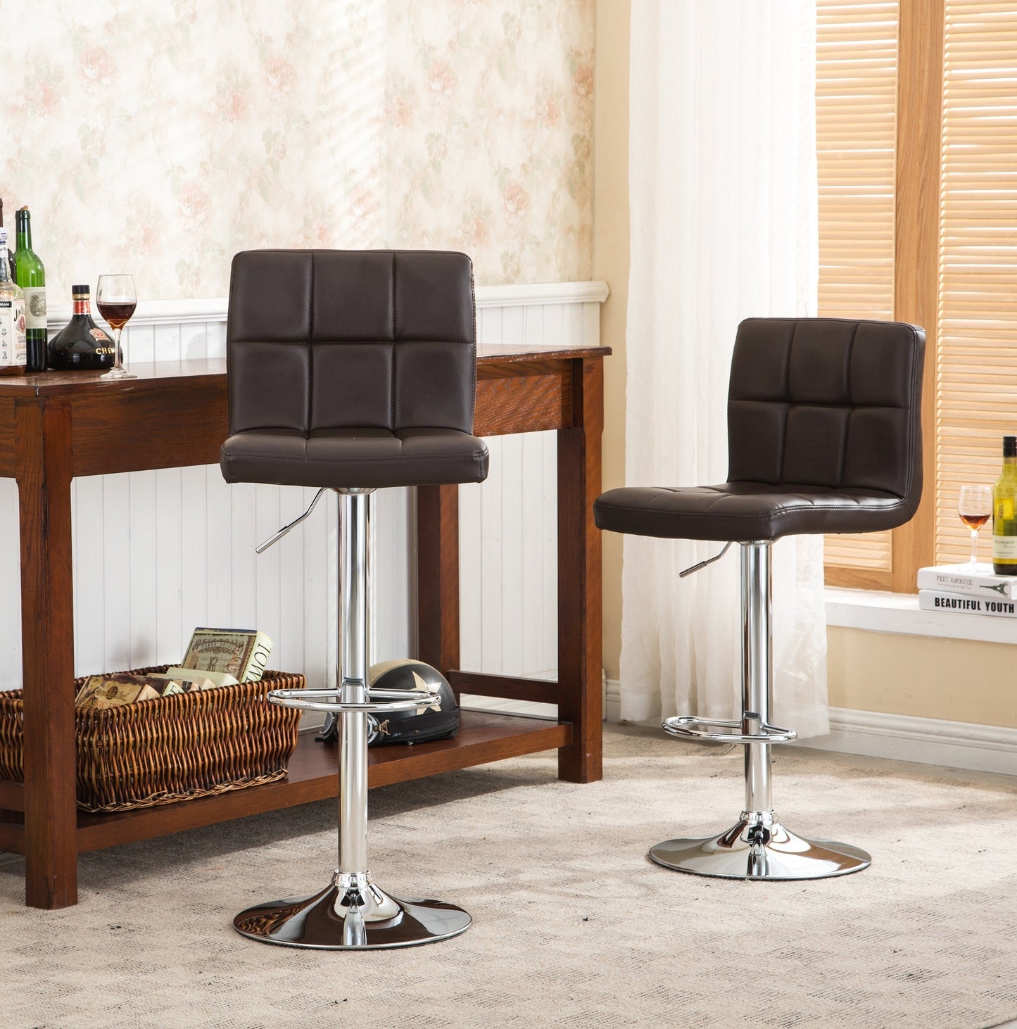 Swivel Faux Leather Adjustable Hydraulic Bar Stool, Set of 2, Brown