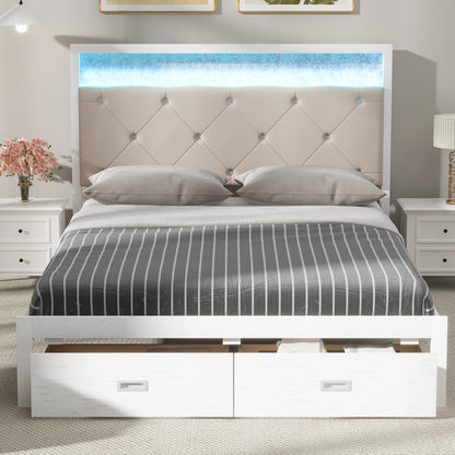 Wood Queen Size Platform Bed with Upholstered Headboard and LED and 2 Drawers, Antique White