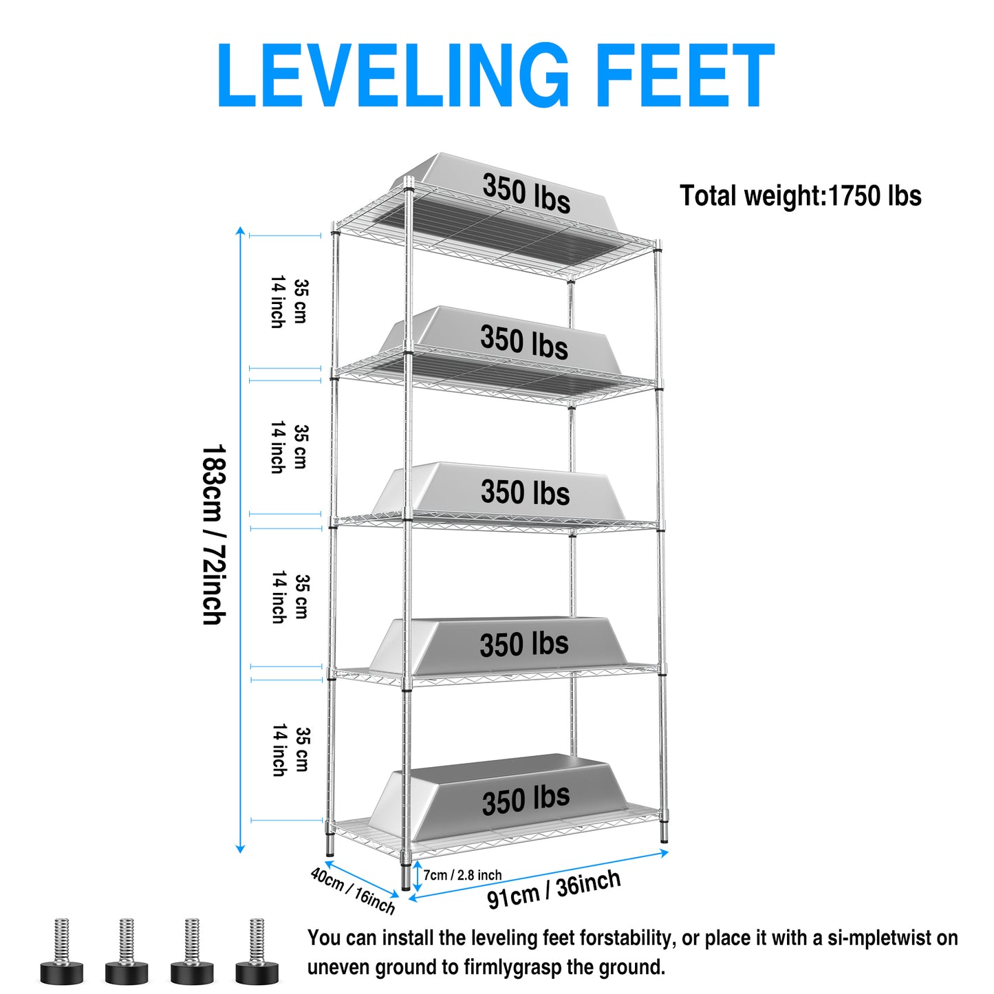 5 Tier Shelf Wire Shelving Unit - 5T-1636-C-LKJ, 72H