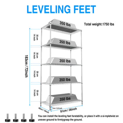 5 Tier Shelf Wire Shelving Unit - 5T-1636-C-LKJ, 72H