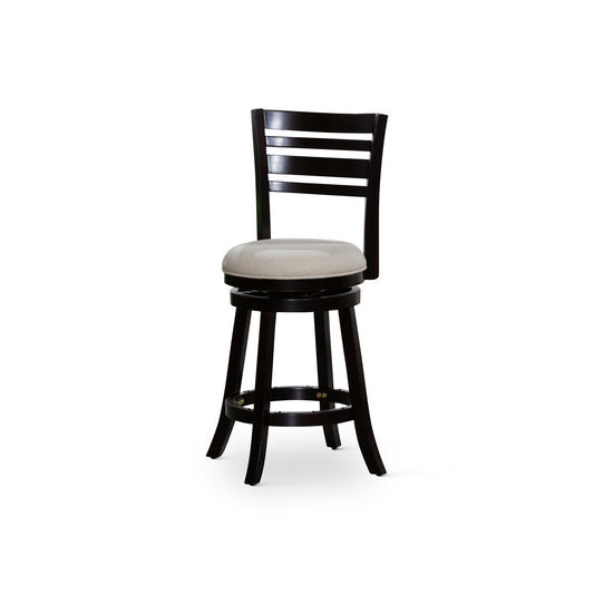 24" Counter Height Slat Back Swivel Stool, Espresso Finish, Beige Fabric Seat