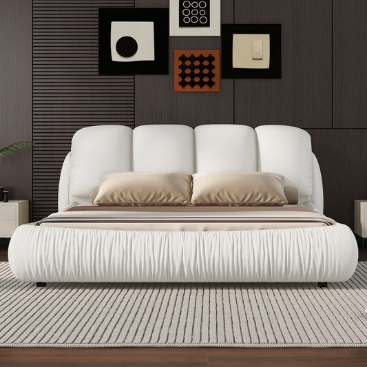 Queen Size Luxury Upholstered Bed With Thick Headboard, Leather Queen Bed with Oversized Padded Backrest, White(Expect Arrival Date 2024/3/27)