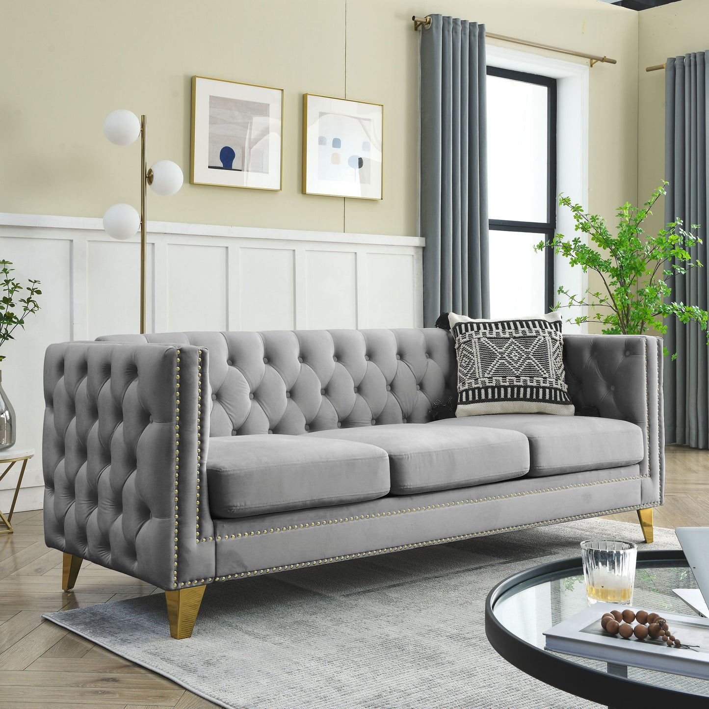 Velvet Sofa for Living Room,Buttons Tufted Square Arm Couch, Modern Couch Upholstered Button and Metal Legs, Sofa Couch for Bedroom, Grey Velvet .2PCS