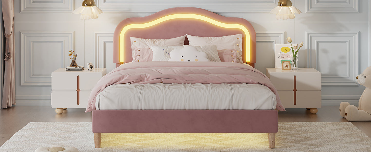 Twin Size Velvet Upholstered Smart LED Bed Frame with Adjustable Height Headboard,No Box Spring Needed,Easy Assembly,Pink