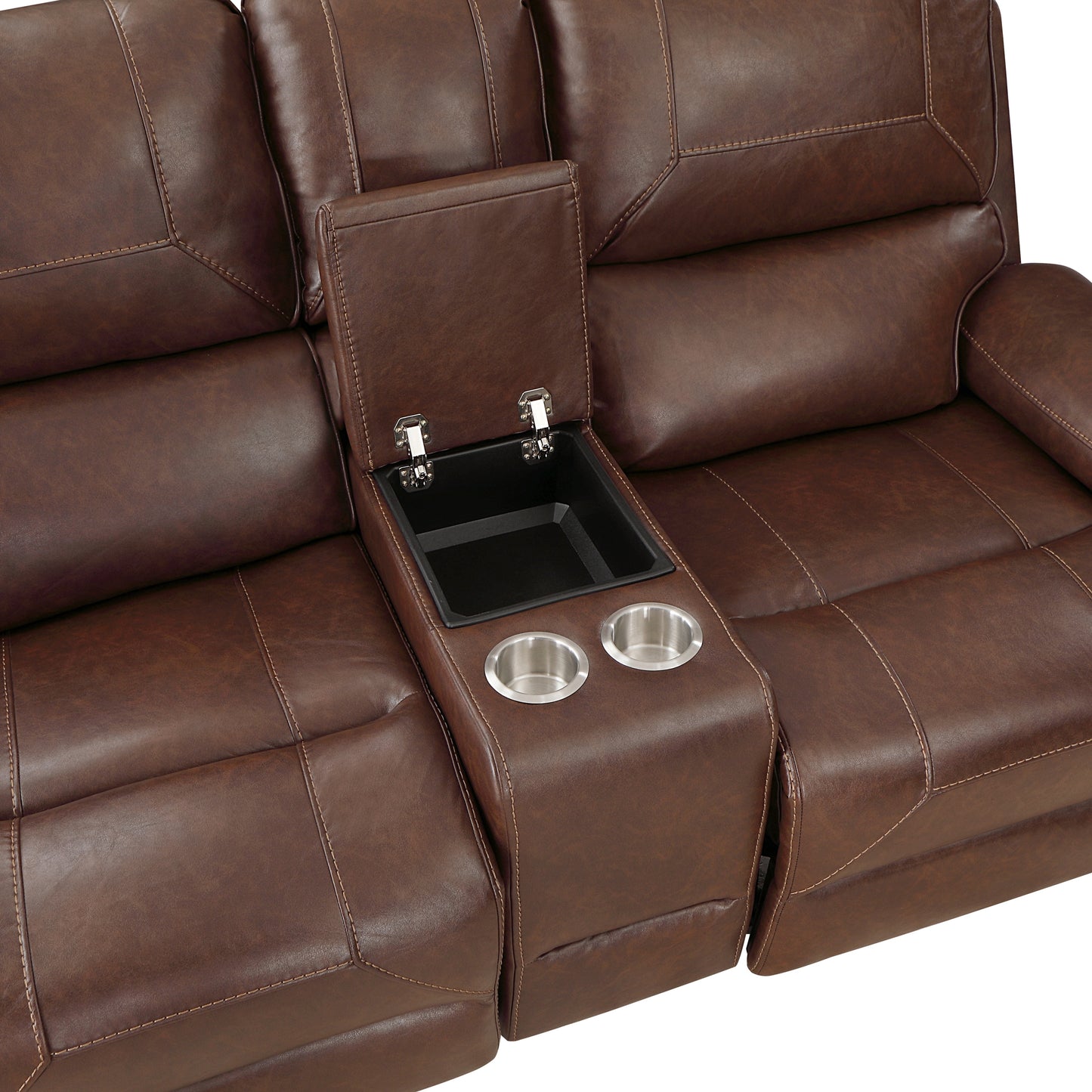 Double Glider Reclining Brown Love Seat with Center Console, Receptacles and USB Ports, Breathable Faux Leather Upholstered Traditional Nailhead Trim 1pc Modern Living Room Furniture