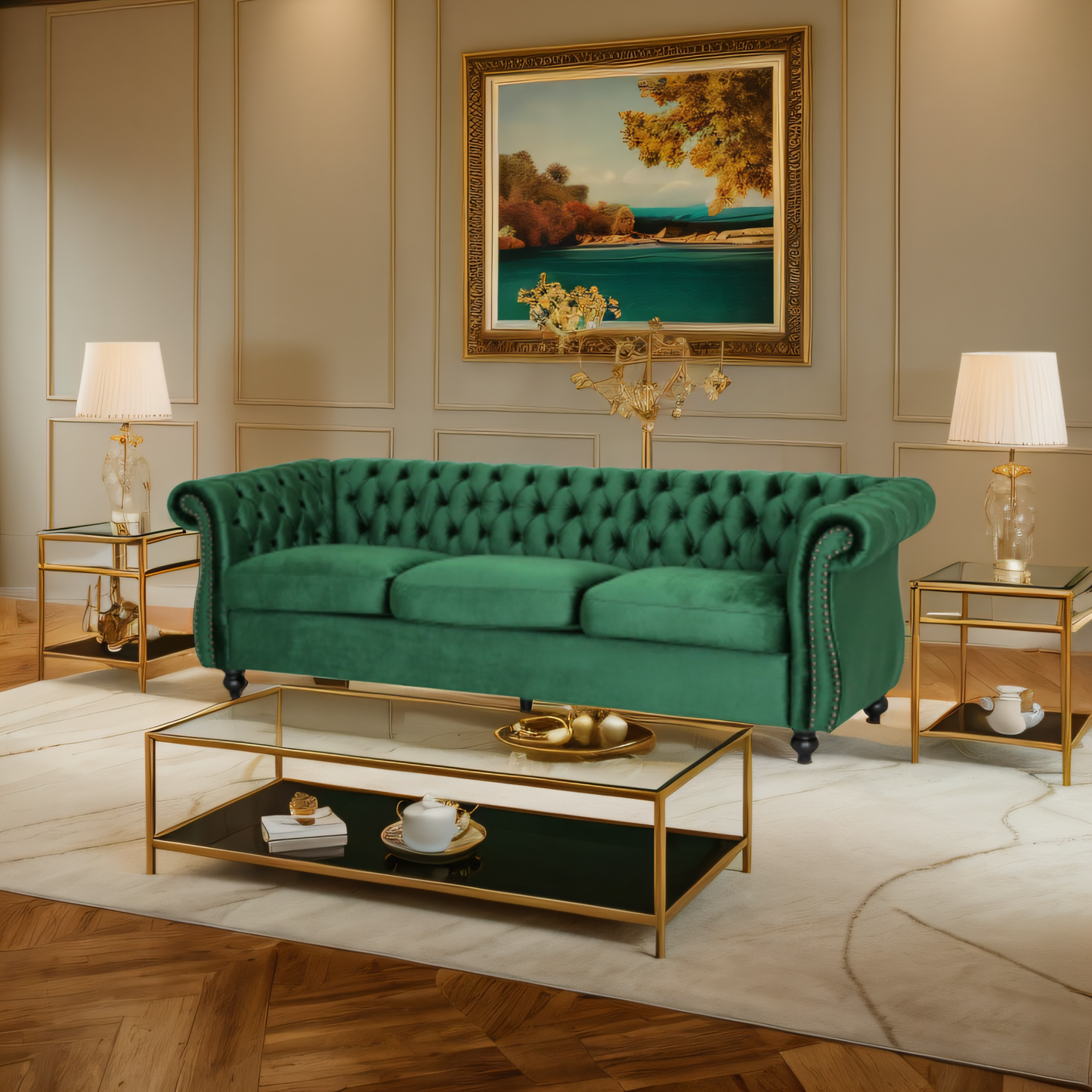 Durable 3-Seater Emerald Velvet Sofa, Combining Luxurious Comfort with Christmas Design, Perfect for Elegant Living Spaces, Featuring Plush Upholstery for Relaxation and a Touch of Sophisticated Style