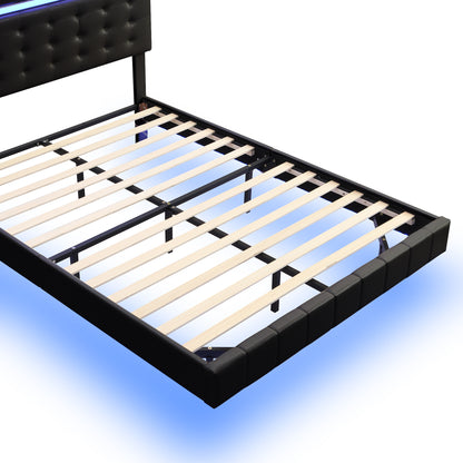 Queen Size Floating Bed Frame with LED Lights and USB Charging,Modern Upholstered Platform LED Bed Frame,Black