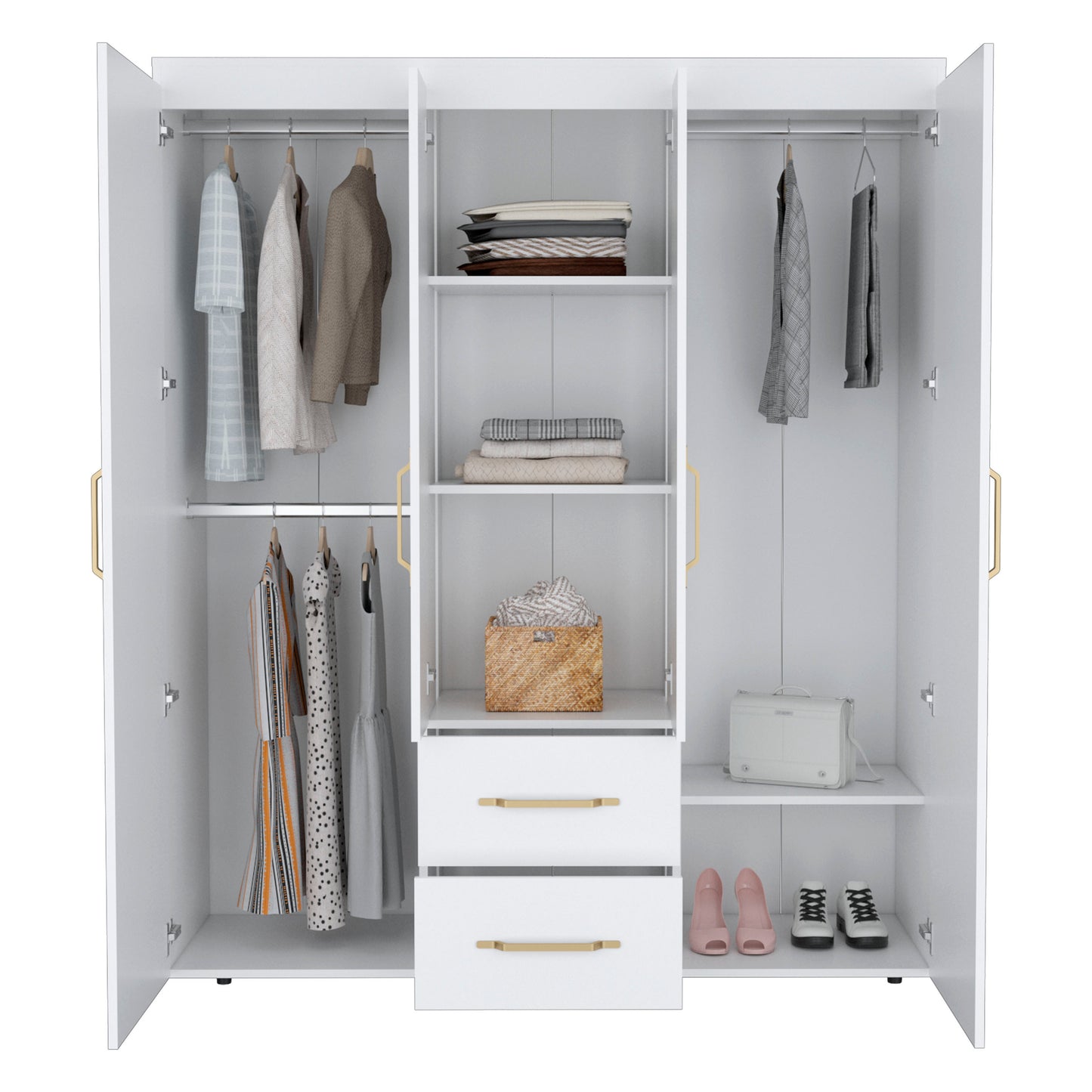 Bariloche Wardrobe, Multi-Section Storage with Hanging Rods, Shelves, and 2 Drawers