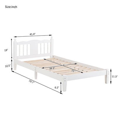 Twin Bed with Column-Decoration Headboard, with Bed Slats,White