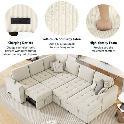 107.5" U-shaped Sofa Sectional Sofa Pull-out Sofa bed with a Storage Chaise Lounge, Charging Devices for Living Room, Beige