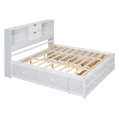 King Size Platform Bed with Storage Headboard and 8 Drawers, White