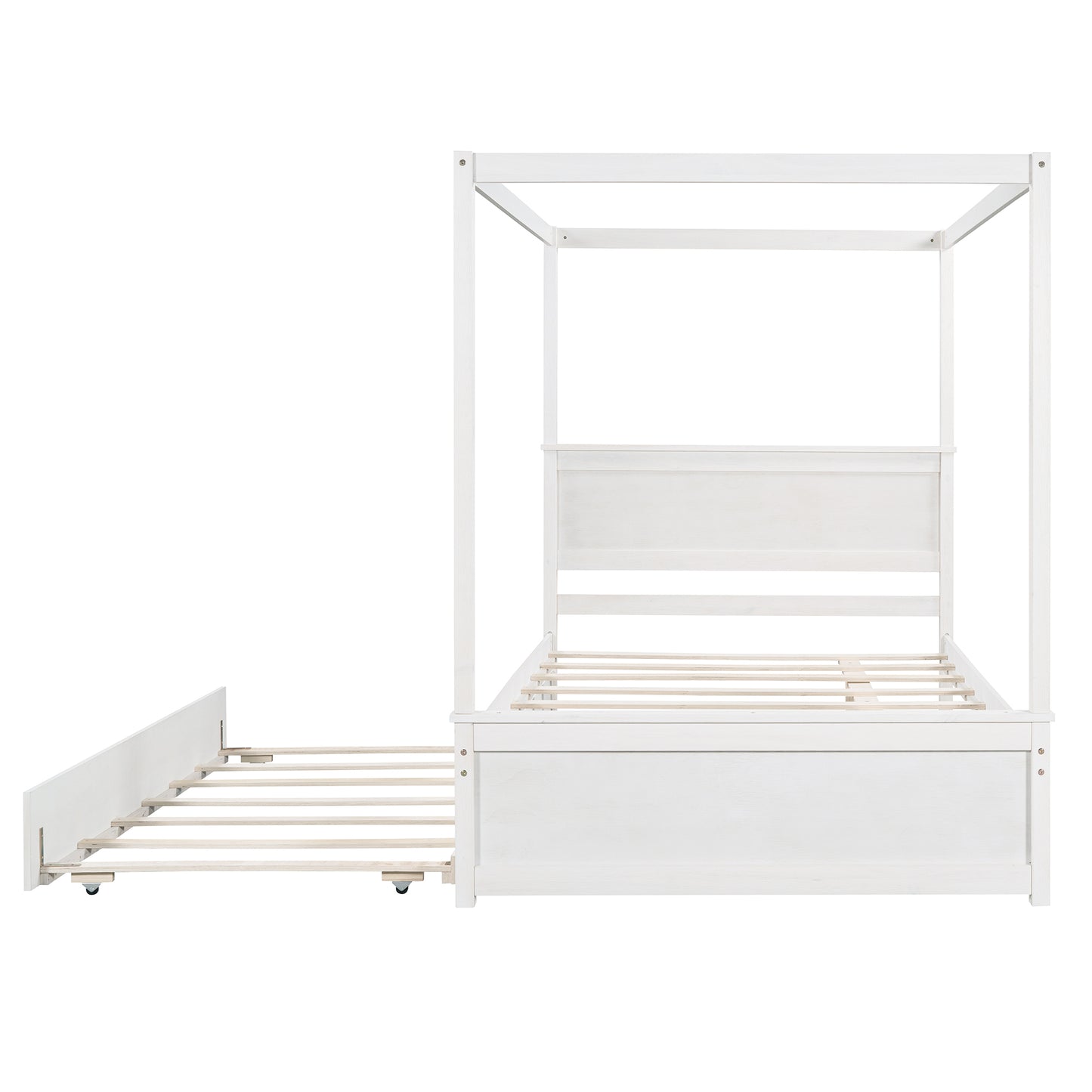 Wood Canopy Bed with Trundle Bed ,Full Size Canopy Platform bed With  Support Slats .No Box Spring Needed, Brushed White