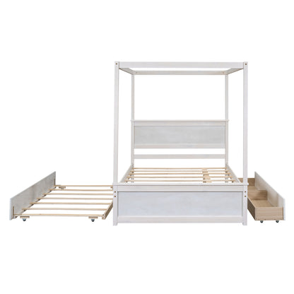 Wood Canopy Bed with Trundle Bed and two Drawers ,Full Size Canopy Platform bed With Support Slats .No Box Spring Needed, Brushed White