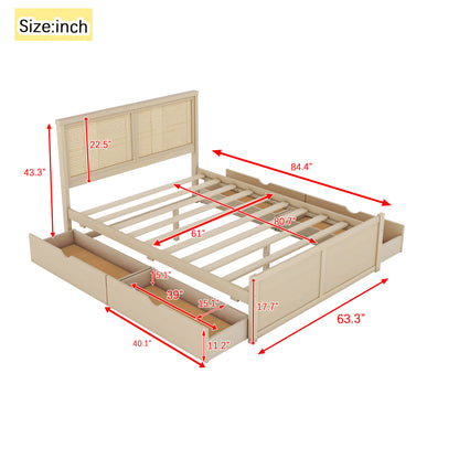 Queen Size Wood Storage Platform Bed with 4 Drawers, Rattan Headboard, Nature