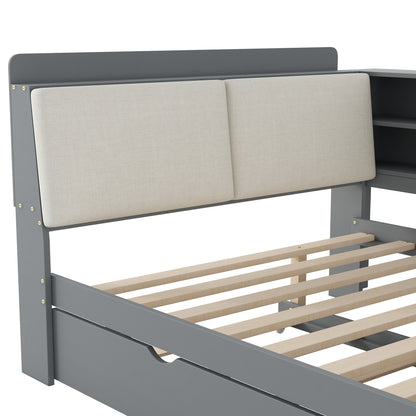 Wood Full Size platform bed with Trundle, Shelves and Storage Headboard, Gray