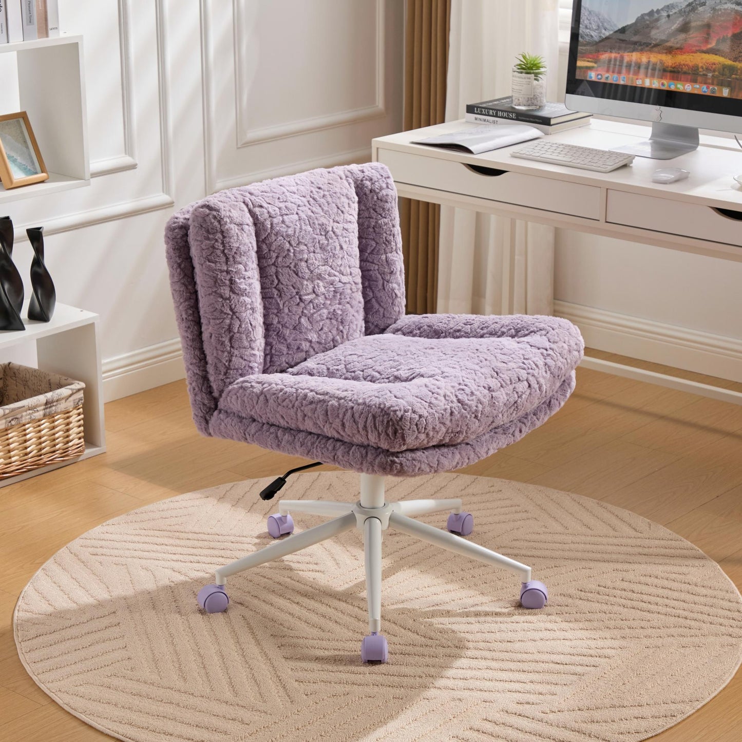 W26.4 inch Wider seat Office Chair,Artificial rabbit hair Home Office Chair with Metal Base,Adjustable Desk Chair Swivel Office Chair,Vanity Chair(Violet)