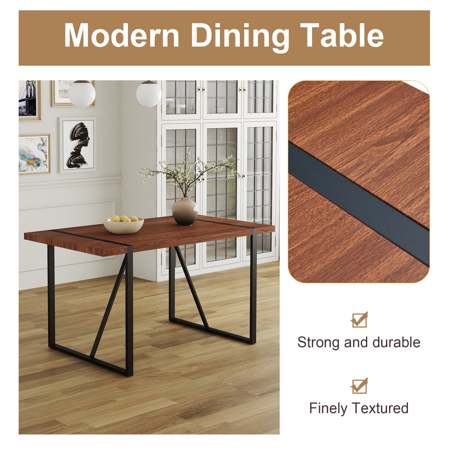 Industrial Rectangular MDF Walnut Color Wood Grain Dining Table for 4-6 people with 1.5 inch thick MDF top and black metal legs for desks, kitchens, patios, dining rooms.