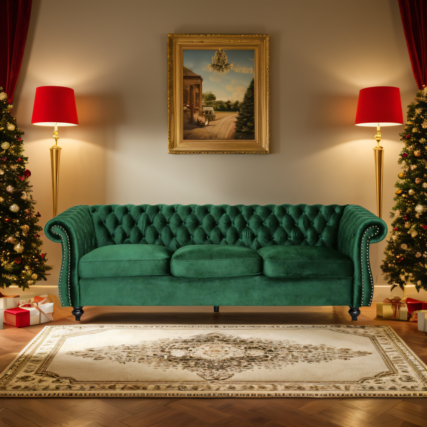 Durable 3-Seater Emerald Velvet Sofa, Combining Luxurious Comfort with Christmas Design, Perfect for Elegant Living Spaces, Featuring Plush Upholstery for Relaxation and a Touch of Sophisticated Style