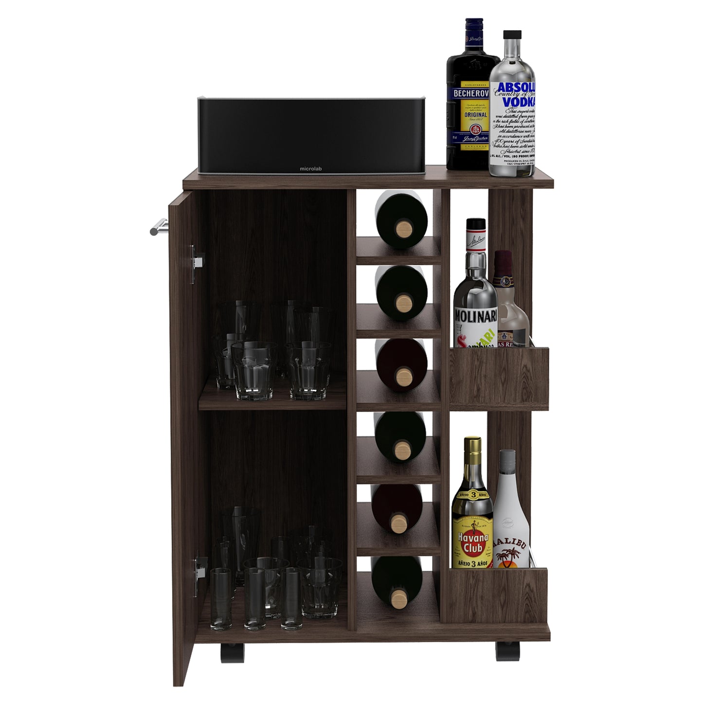 Bar Cart, Four Casters, Single Door Cabinet, Two External Shelves, Dark Walnut