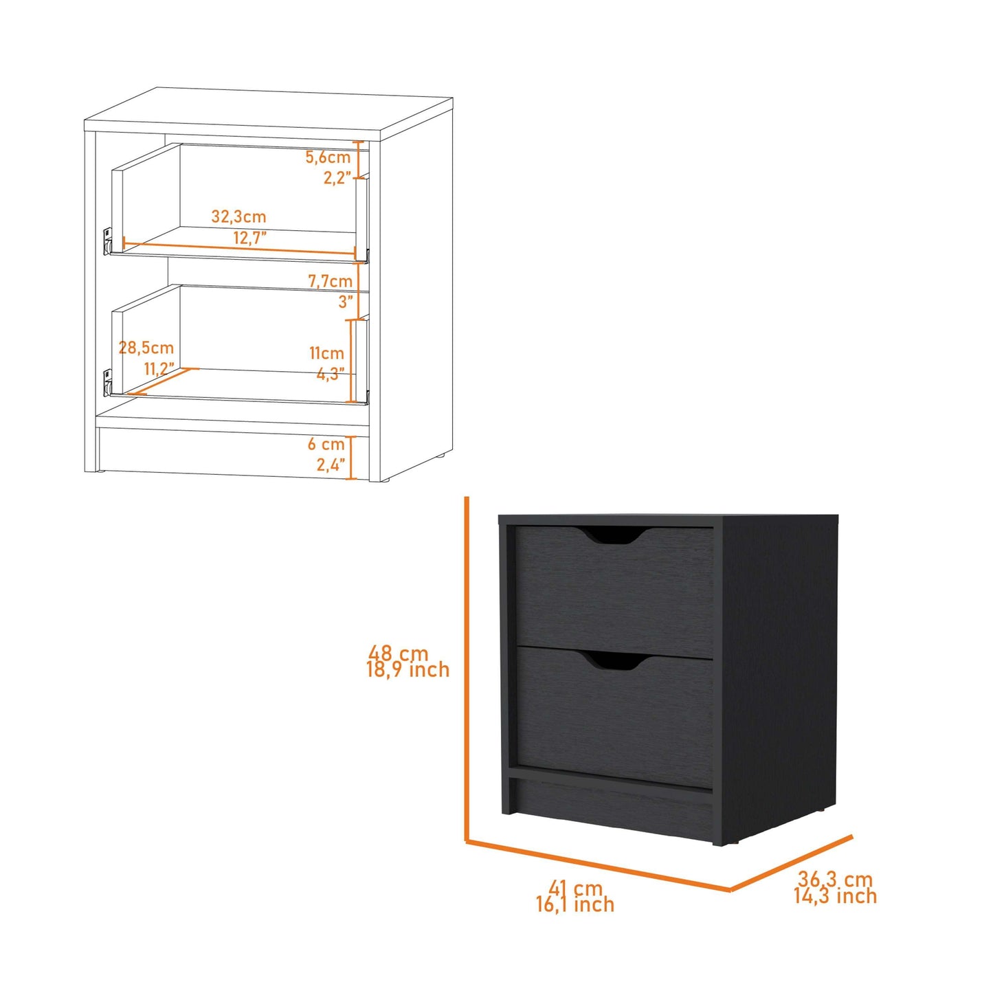 Black 2-Drawer Nightstand