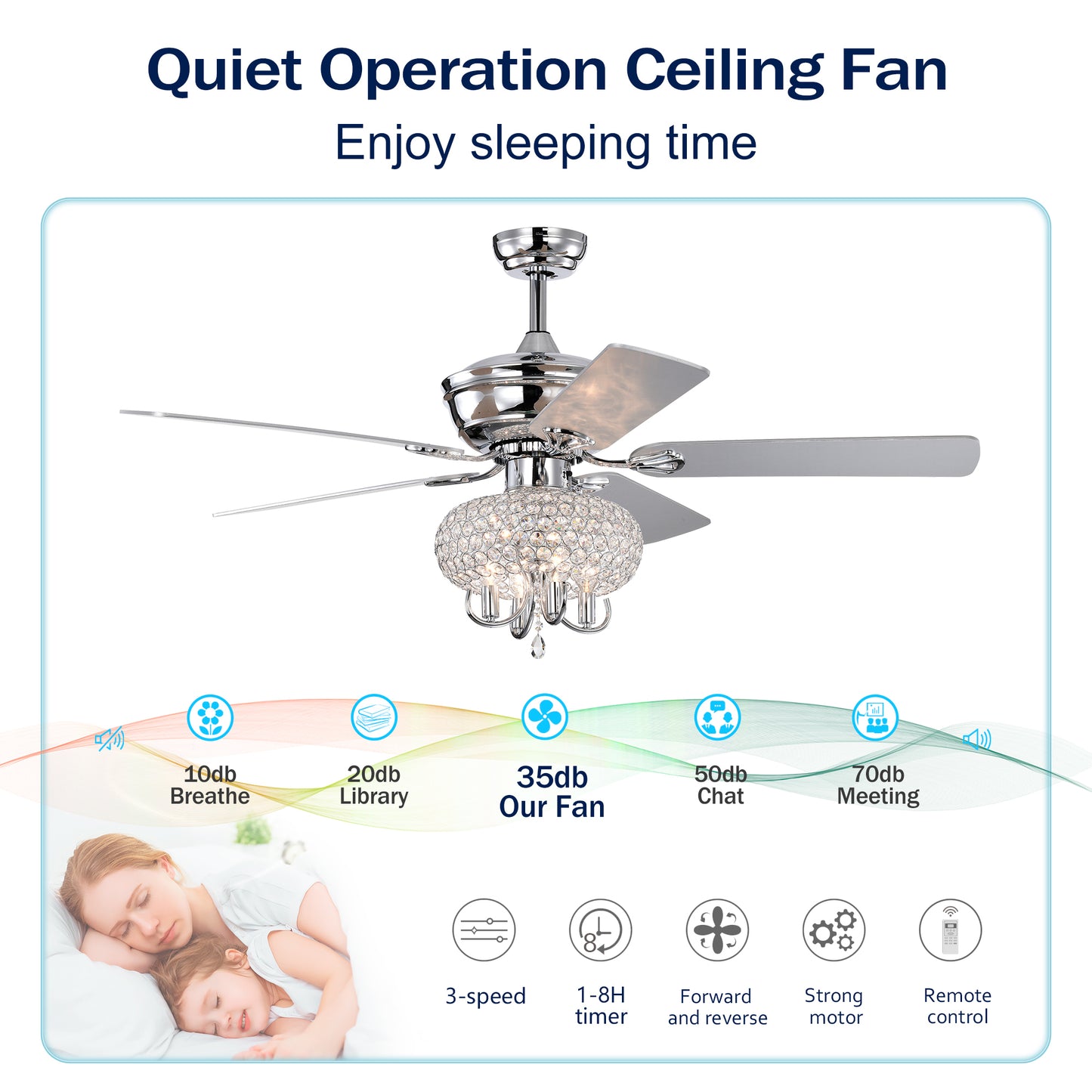 52 inch Crystal Ceiling Fan with Lights Fandelier Chandelier Reversible Blades 3 Wind Speeds Remote Control for Bedroom Living Dining Room--Chrome